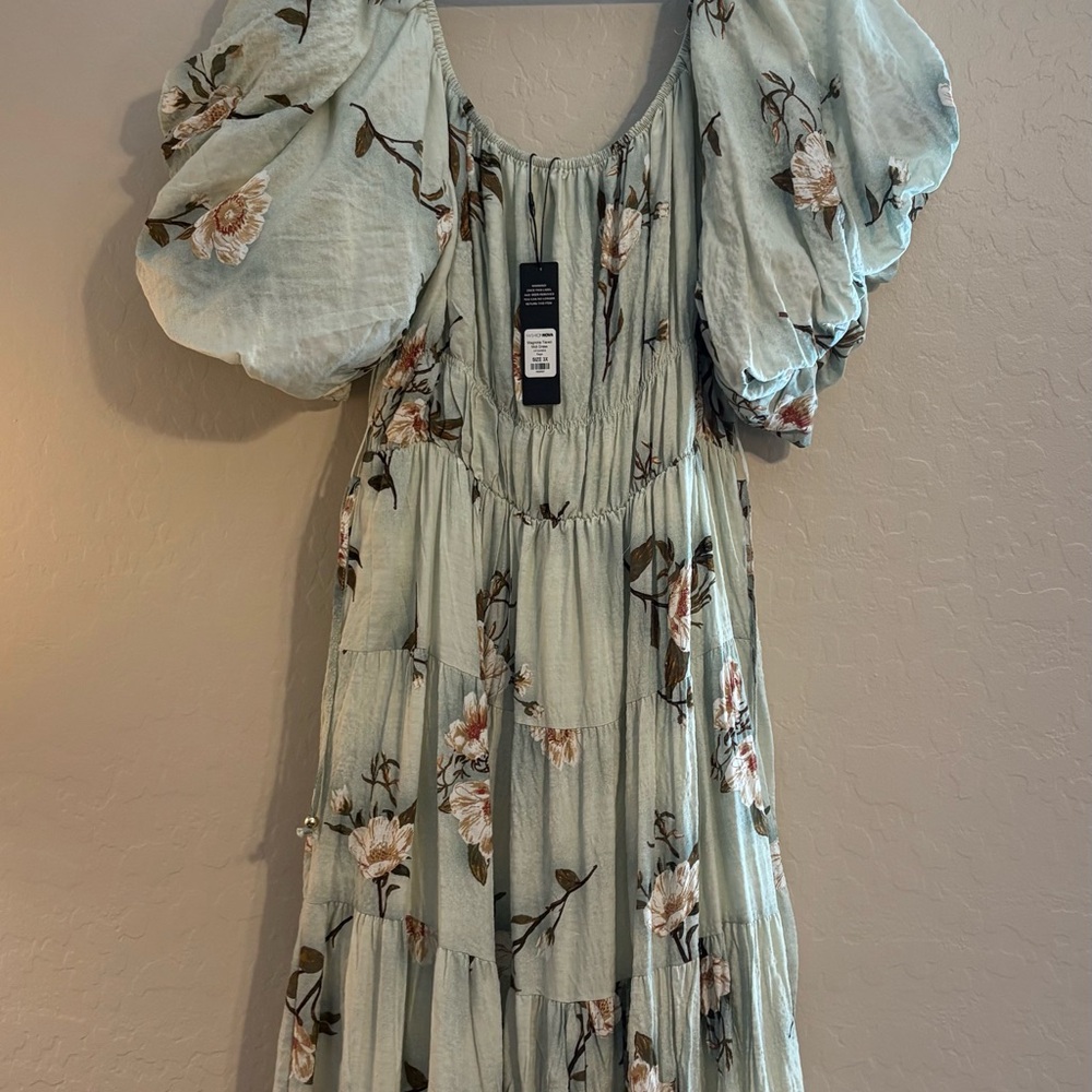 Fashion Nova Sage Green Floral Midi Dress with Puff Sleeves